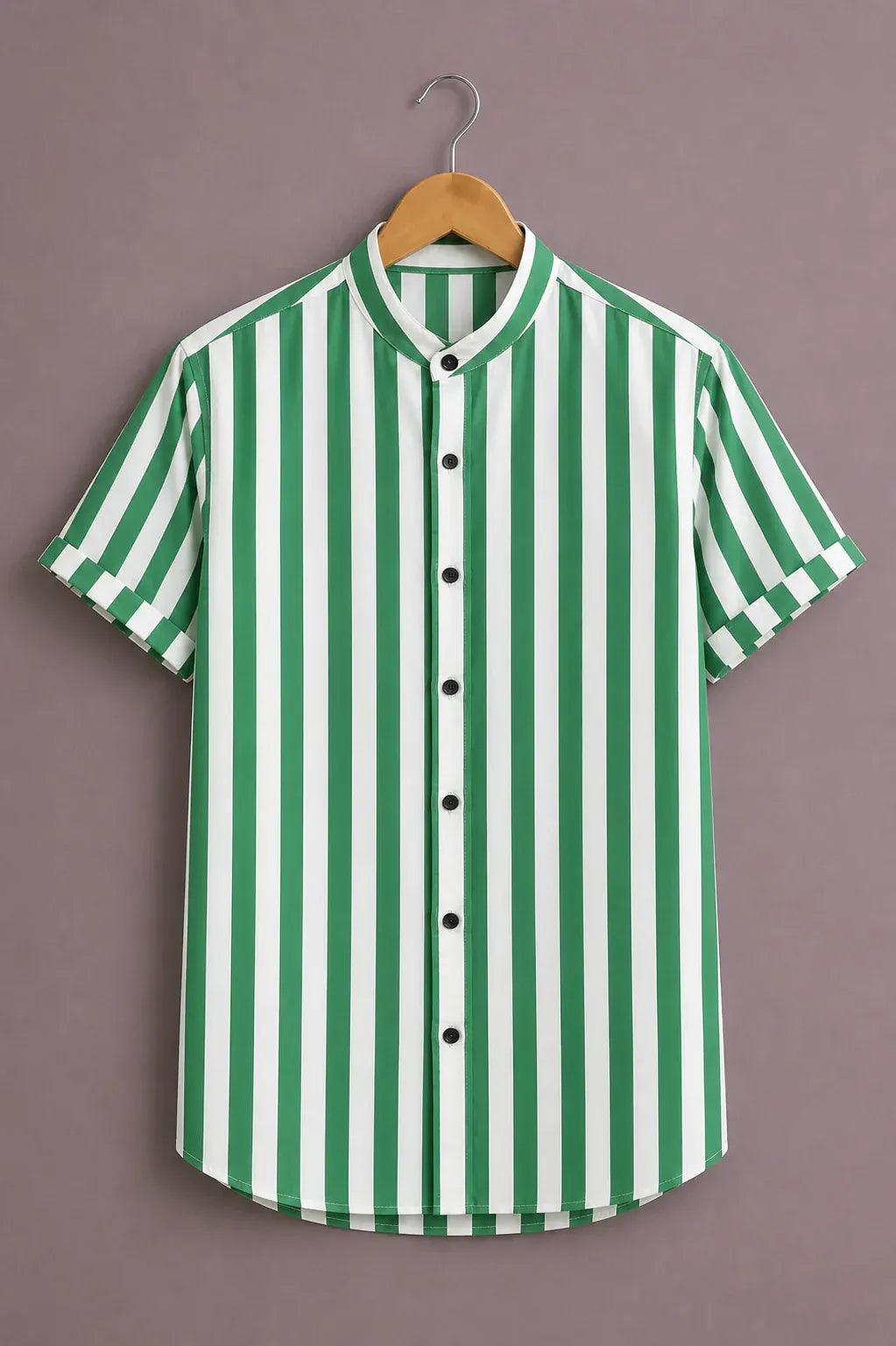 Men's Green Vertical Stripe Mandarin Collar Shirt – Casual Short Sleeve Button-Up
