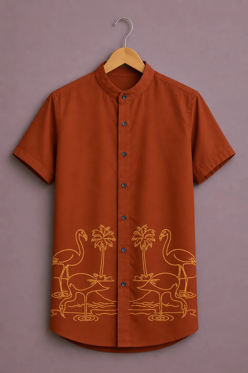 Men's Tropical Flamingo Print Mandarin Collar Shirt – Casual Summer Short Sleeve Button-Up