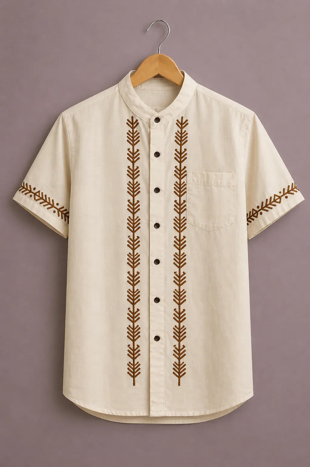 Men's Tribal Embroidered Mandarin Collar Shirt – Short Sleeve Ethnic Casual Button-Up