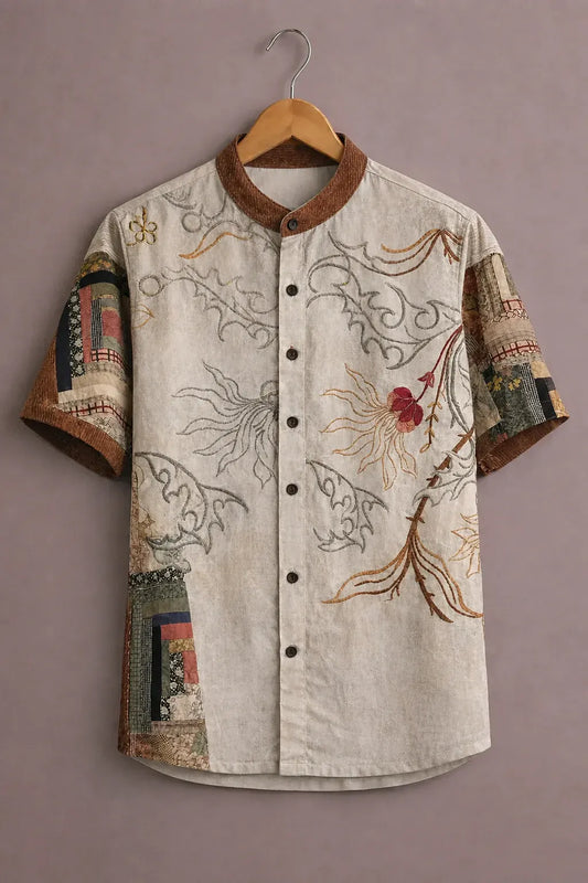 Men's Vintage Patchwork Floral Mandarin Collar Shirt – Bohemian Art Print Short Sleeve Button-Up