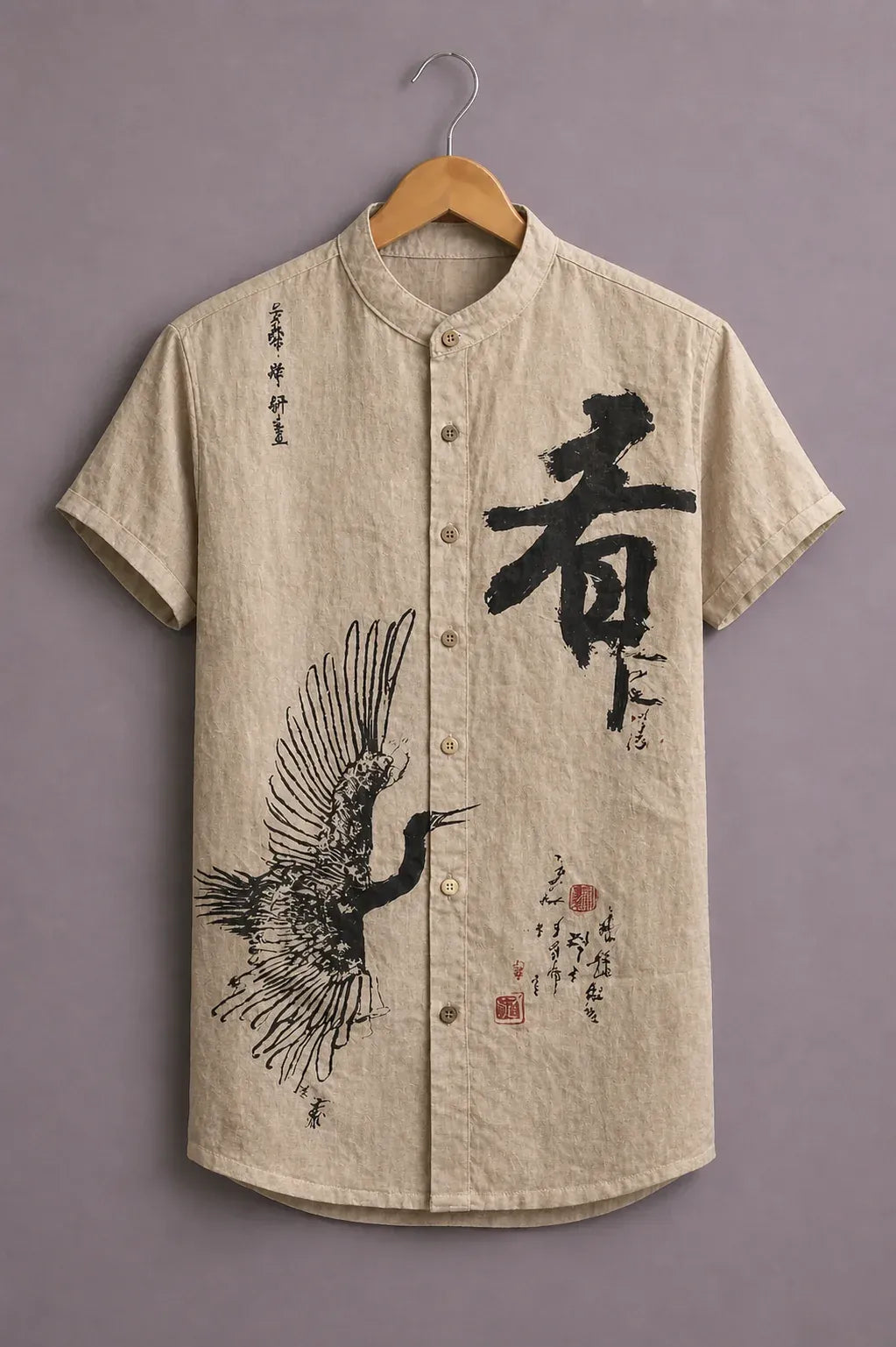 Men's Japanese Crane Print Mandarin Collar Shirt – Vintage Zen Art Short Sleeve Button-Up