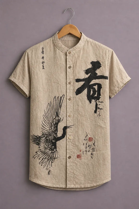 Men's Japanese Crane Print Mandarin Collar Shirt – Vintage Zen Art Short Sleeve Button-Up
