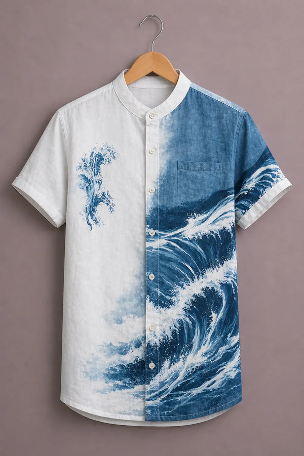 Men's Ocean Wave Print Short Sleeve Mandarin Collar Button-Up Shirt – Blue & White Beach Casual Summer Shirt