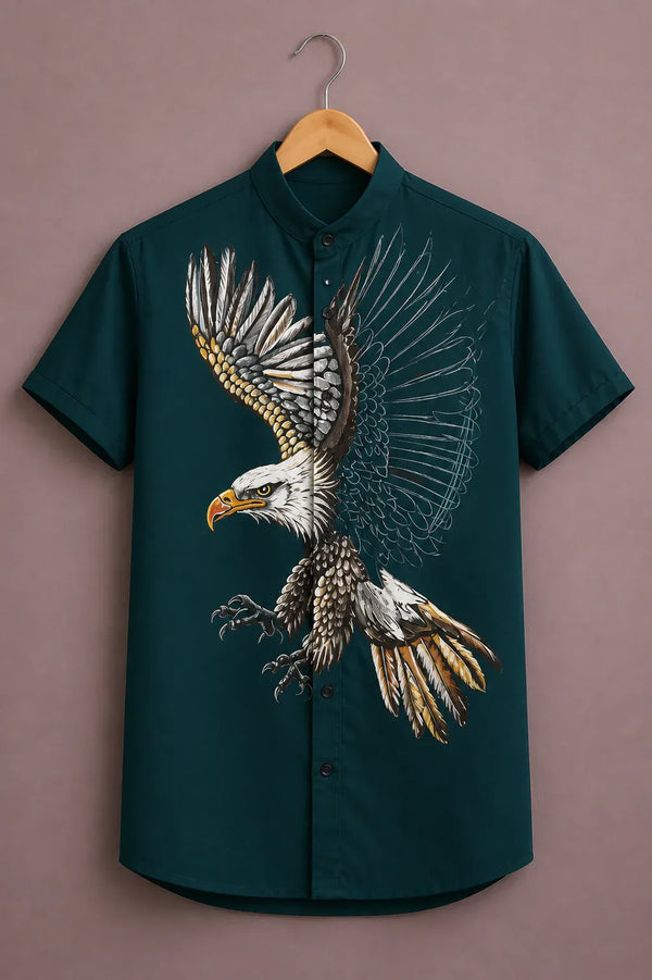 Men's Majestic Eagle Print Mandarin Collar Shirt – Bold Wildlife Graphic Short Sleeve Button-Up