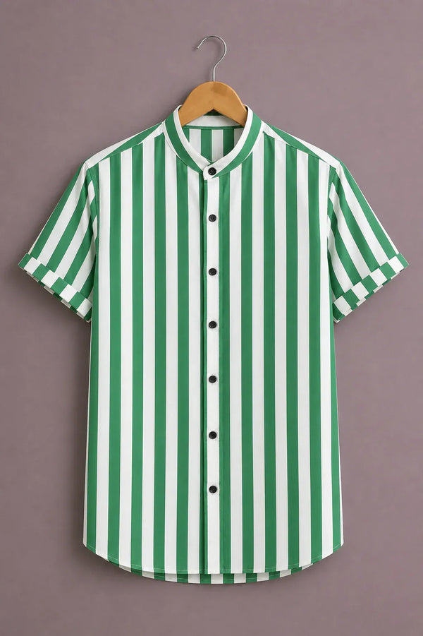 Men's Green Vertical Stripe Mandarin Collar Shirt – Casual Short Sleeve Button-Up