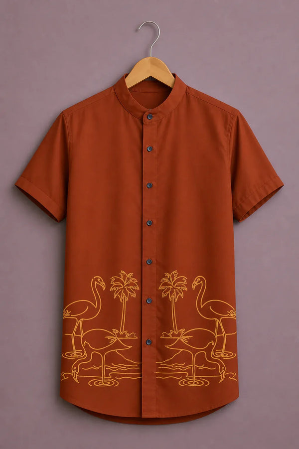 Men's Tropical Flamingo Print Mandarin Collar Shirt – Casual Summer Short Sleeve Button-Up