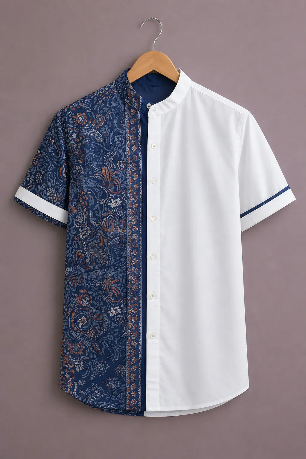 Men's Paisley Patchwork Mandarin Collar Shirt – Two-Tone Short Sleeve Casual Button-Up