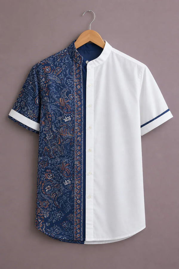 Men's Paisley Patchwork Mandarin Collar Shirt – Two-Tone Short Sleeve Casual Button-Up