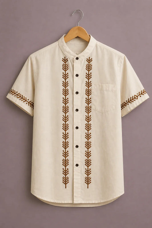 Men's Tribal Embroidered Mandarin Collar Shirt – Short Sleeve Ethnic Casual Button-Up