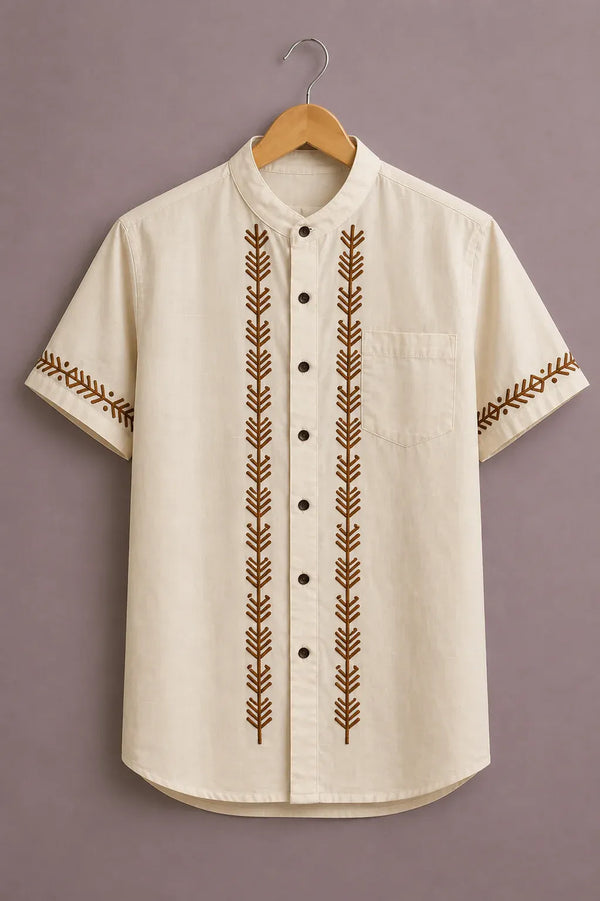 Men's Tribal Embroidered Mandarin Collar Shirt – Short Sleeve Ethnic Casual Button-Up